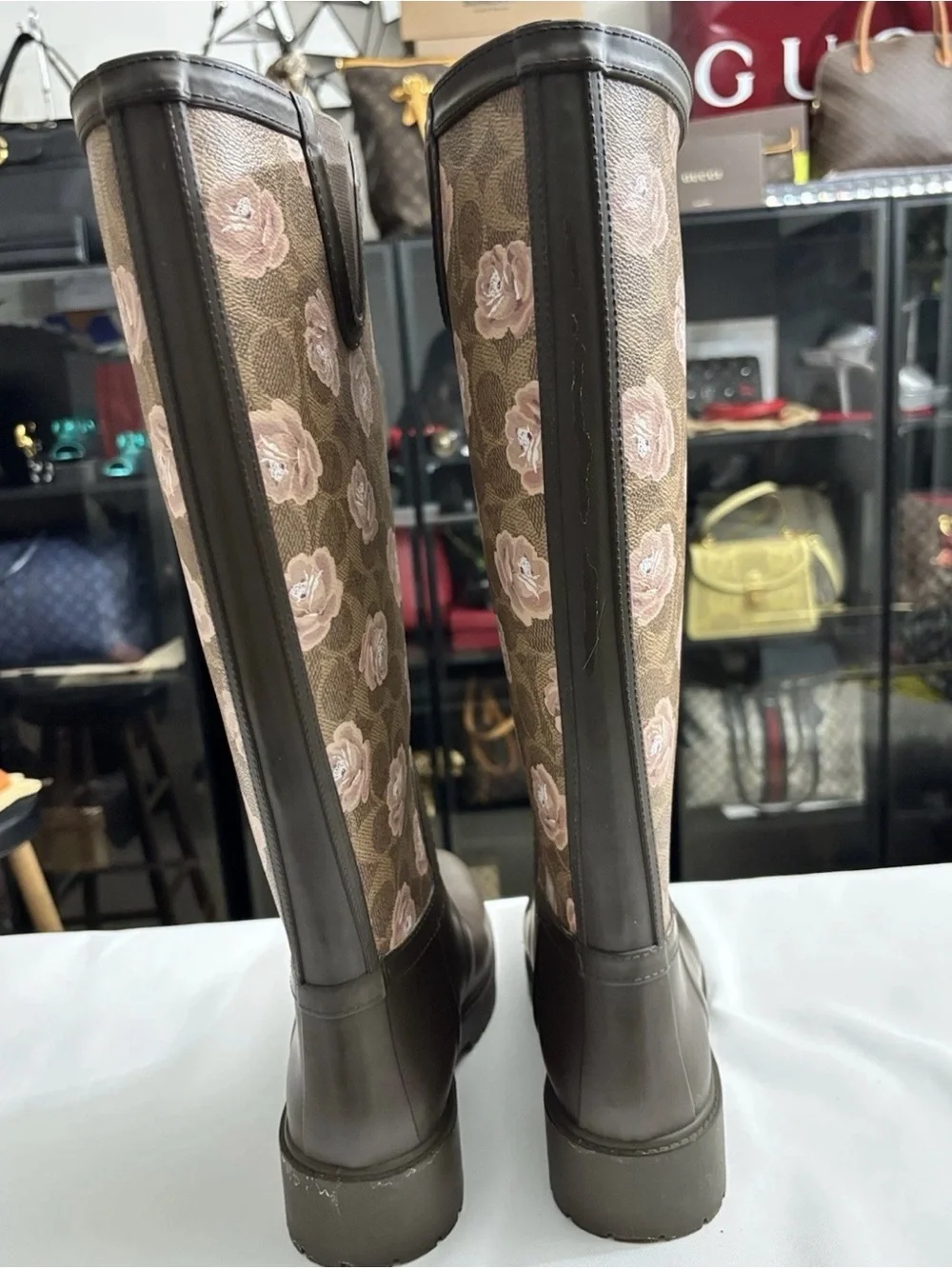 Coach Signature Rubber Rain Boots Tan Dark Brown Floral Pink Size 7B Worn Once.